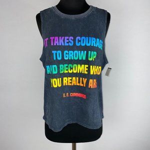Mighty Fine Courage Pride Muscle Tank Top Womens Size S Quotes Rainbow Acid Wash